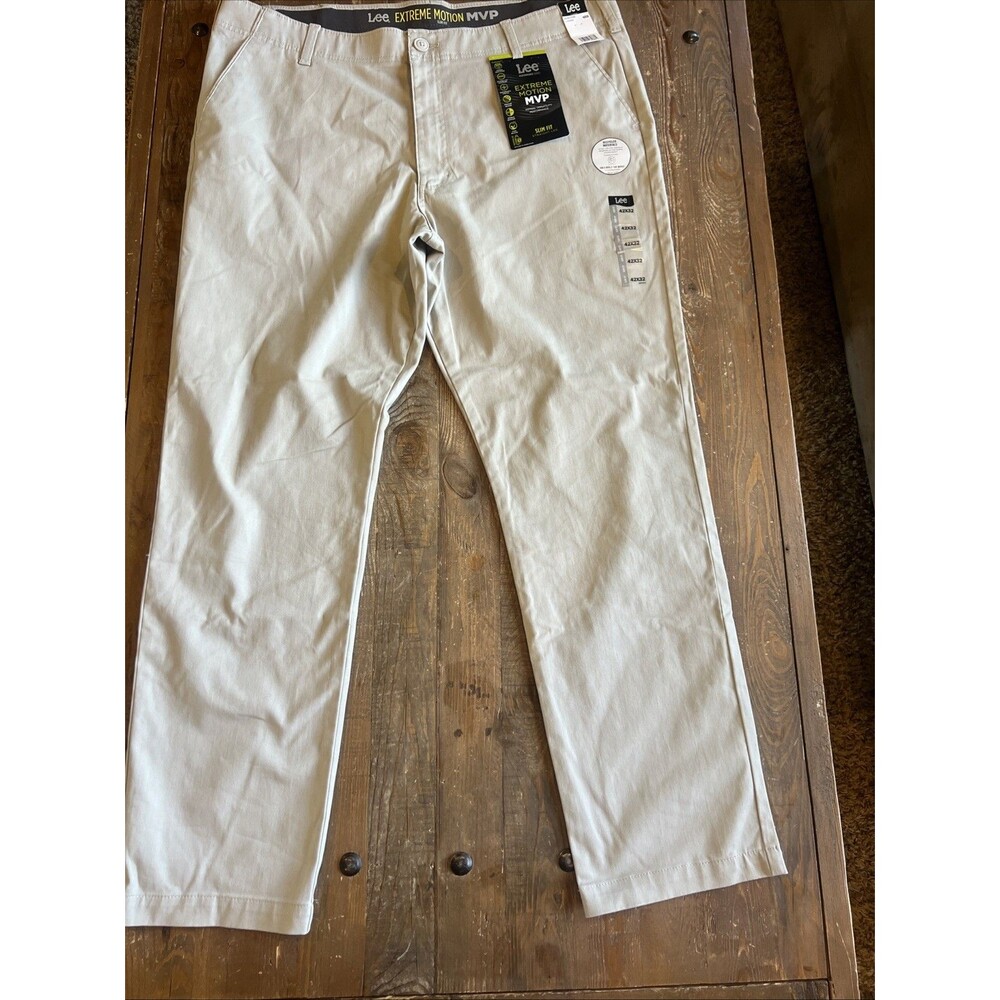 Lee Mens Beige Extreme Motion MVP Slim Straight Fit Pants 42X32 Salina Stone NWT